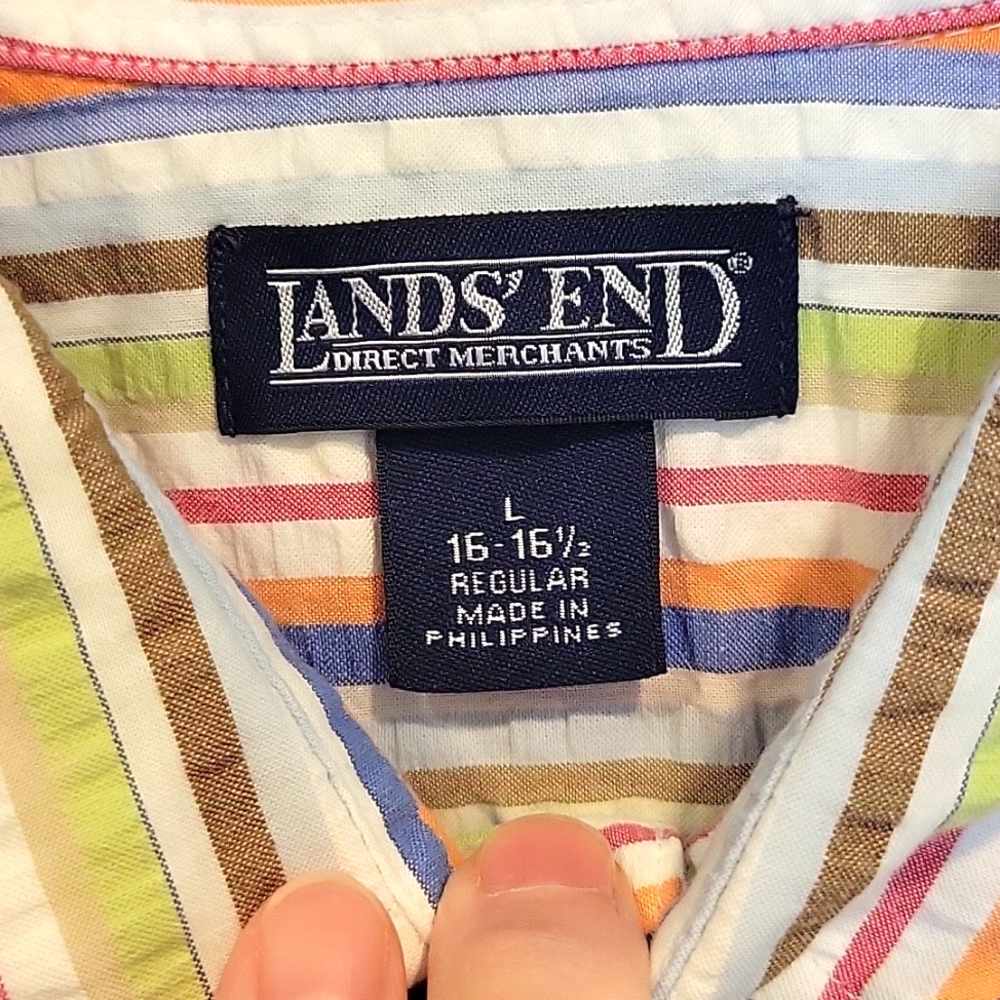 Lands End Seersucker Button Up Shirt Shortsleeve Men's LARGE Multicolor NIP - Picture 4 of 5